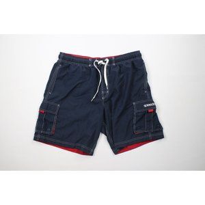 Vintage Speedo Mens Large Faded Spell Out Lined Cargo Shorts Swim Trunks Blue